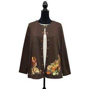 Quacker Factory Embellished Fall Thanksgiving Cardigan & Thermal Top Set Size L